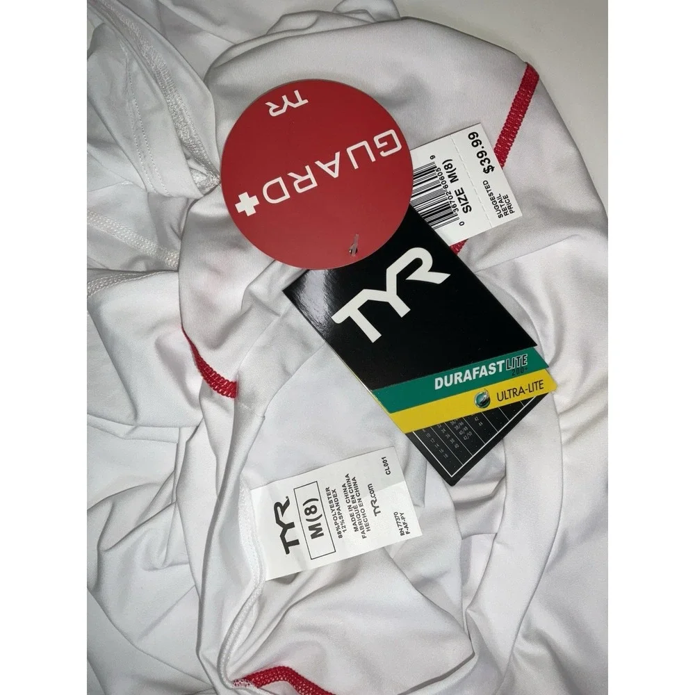 NWT Men's TYR Life Guard Short Sleeve Rashguard Shirt - White‎ & Red - Medium